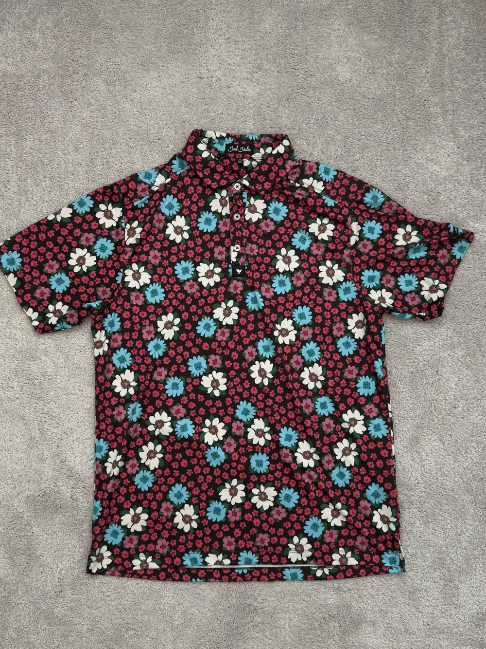 Bad Birde Floral Golf Polo Shirt in Red, Blue & Cream